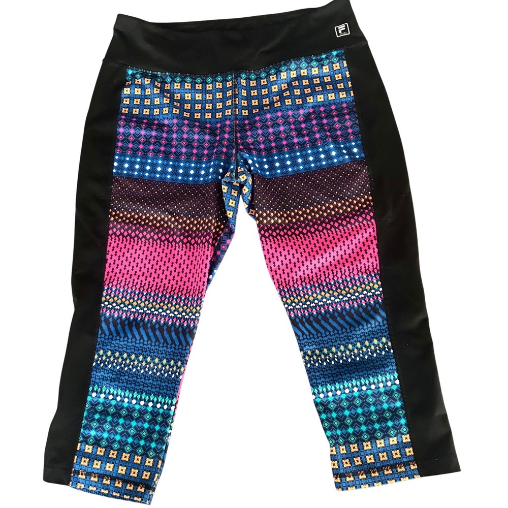 Fila Sport Womens 16 Geometric‎ Tribal Print Capri Athletic Leggings Black Multi